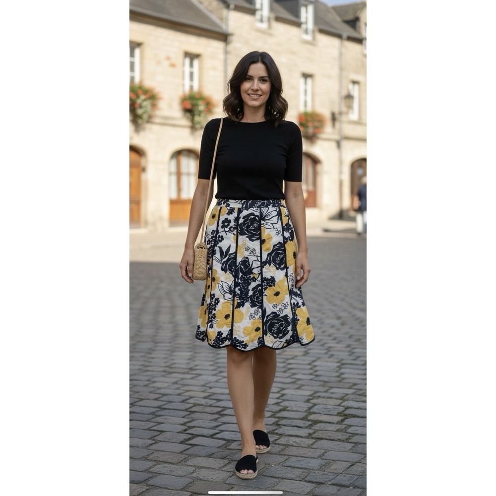 Tease Womens Floral Pleated A-Line‎ Skirt Yellow Navy XL Spring Summer Midi